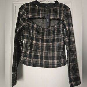 Lulu's Black and White Plaid Cutout Long Sleeve Top